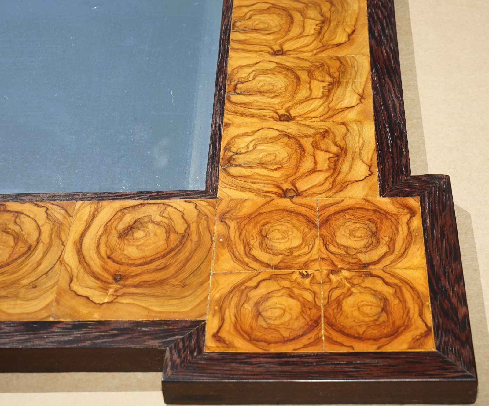 photo for sale Exquisite Bevelled Edge Oyster Laburnum Wood Wall Mirror Sublime Patina