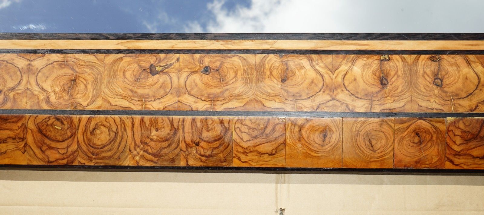 Large Exquisite Cushion Framed Oyster Laburnum Wood Wall Mirror Sublime Patina photo for sale