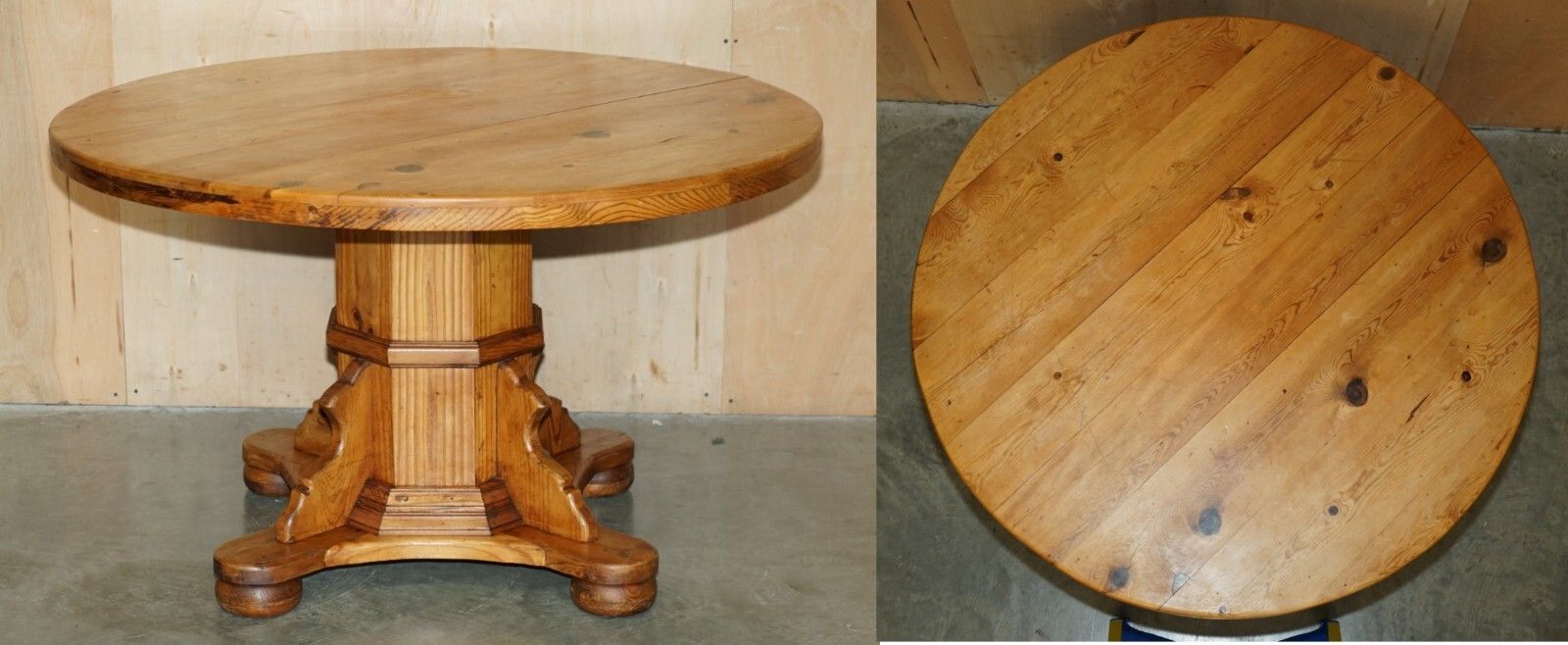 Stunning Round Circa 1940's Pitch Pine Dining Table With Thick Pedestal Base