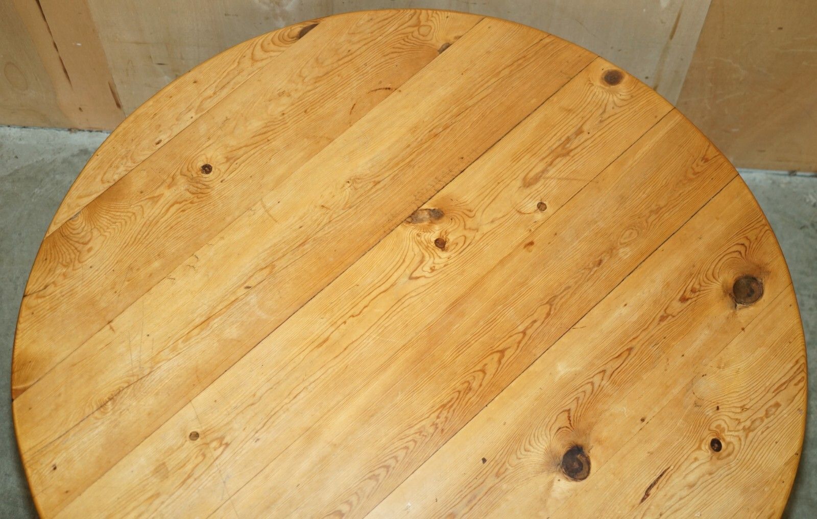 photo furniture Stunning Round Circa 1940's Pitch Pine Dining Table With Thick Pedestal Base