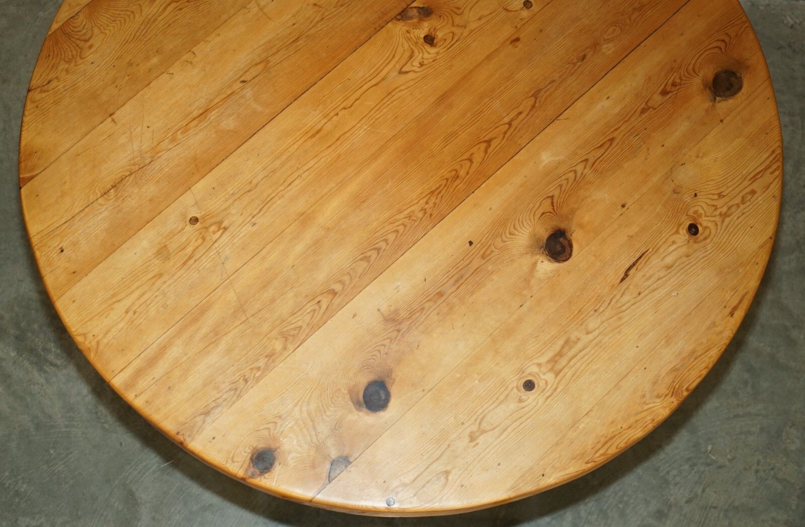 photo for sale Stunning Round Circa 1940's Pitch Pine Dining Table With Thick Pedestal Base