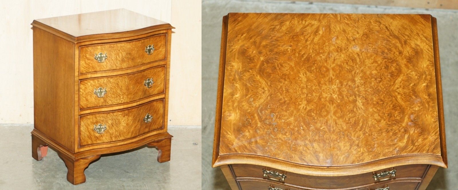 Vintage Burr Walnut Serpentine Fronted Nightstand Side Table Chest Of Drawers