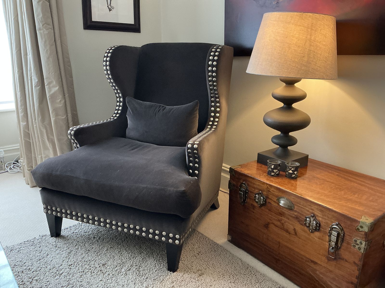 Andrew Martin Studded Wing Back Chair Upholstered In Andrew Martin Chocolate Brown Velvet