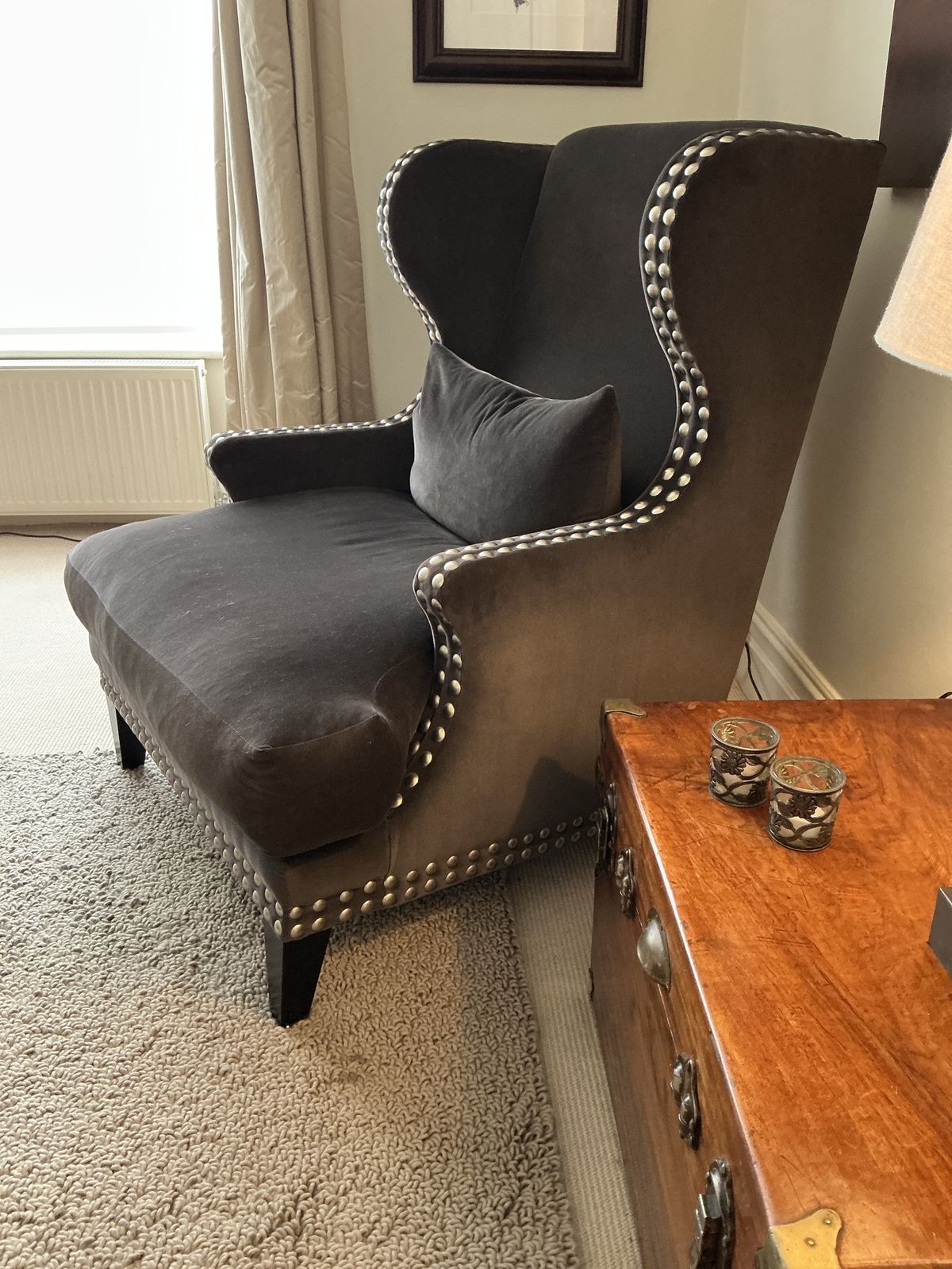 Andrew Martin Studded Wing Back Chair Upholstered In Andrew Martin Chocolate Brown Velvet photo furniture