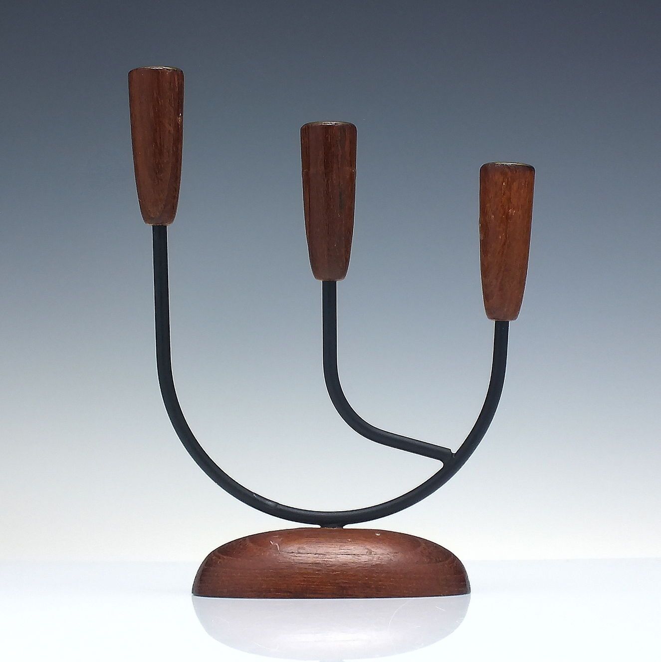 Vintage Retro Danish Teak Wood And Brass Three Arm Candelabra C1960