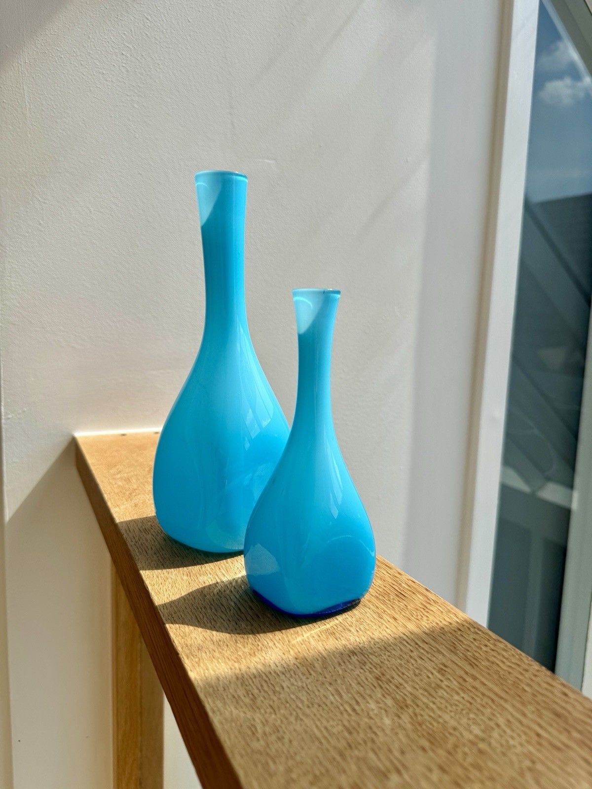 2 Turquoise Cased Glass Vases By Ekenas Glasbruk Sweden Scandinavian Vintage photo 99.0