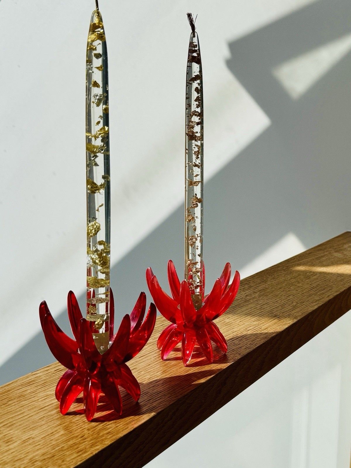 2 Red Lucite 1960’s Friedel Ges Gesch Lotus Candlesticks Germany Space Age