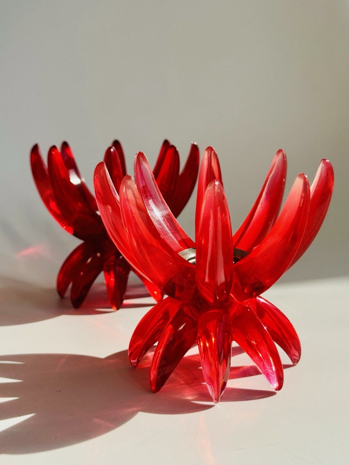 50.0 2 Red Lucite 1960’s Friedel Ges Gesch Lotus Candlesticks Germany Space Age photo