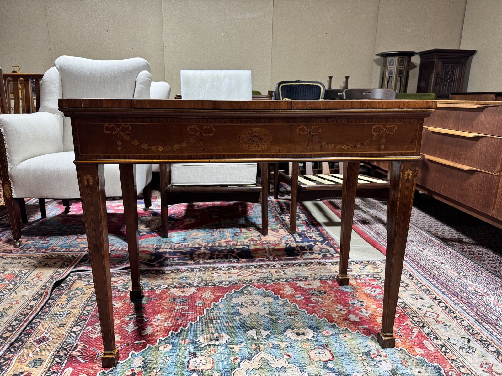 18th Century Marquetry Mahogany And Rosewood Veneer Fold Over Card Table photo furniture