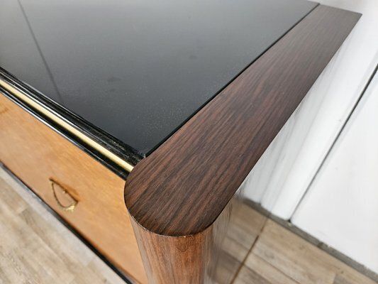 photo for sale Art Deco Sideboard In Mahogany And Maple With Black Glass And Brass Finishes By Osvaldo Borsani For La Permanente Mobili Cantù, 1950