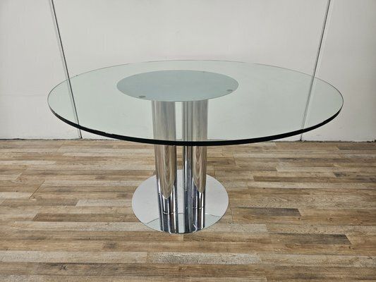 Vintage Metal Table With Round Glass Top, 1970s