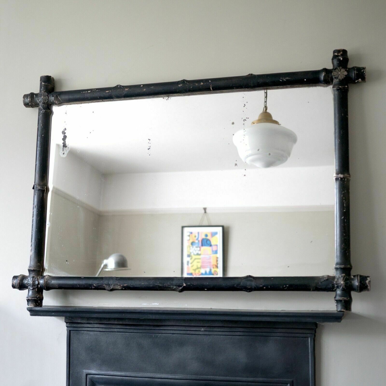 Large French Rustic Wooden Gesso Faux Bamboo Overmantel Mirror photo furniture
