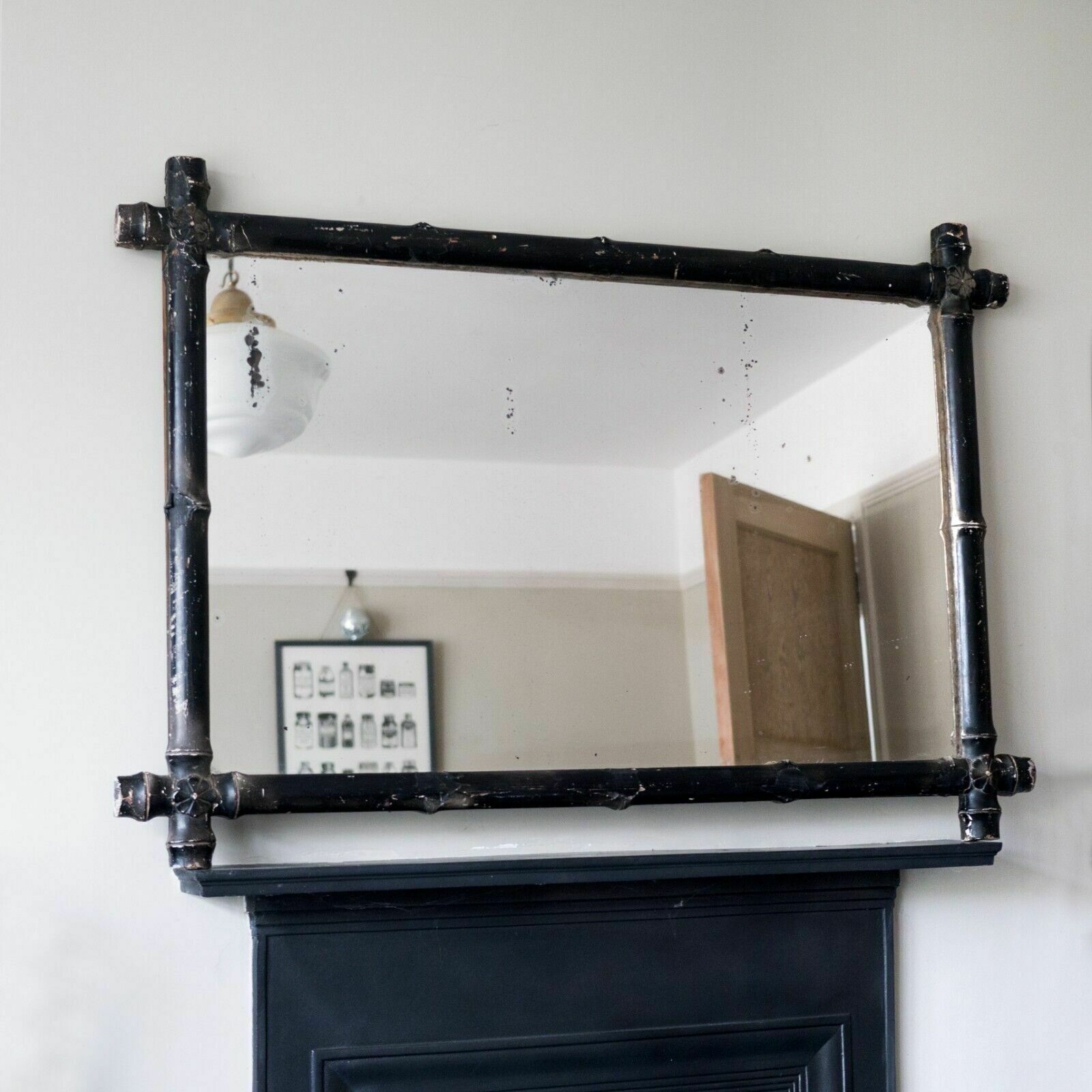Large French Rustic Wooden Gesso Faux Bamboo Overmantel Mirror photo 305.0