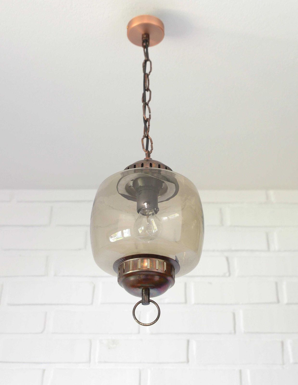 Vintage Copper Pendant Light From 70's / Amber Glass Ceiling Lantern / Mid Century Modern Light Fixture photo furniture