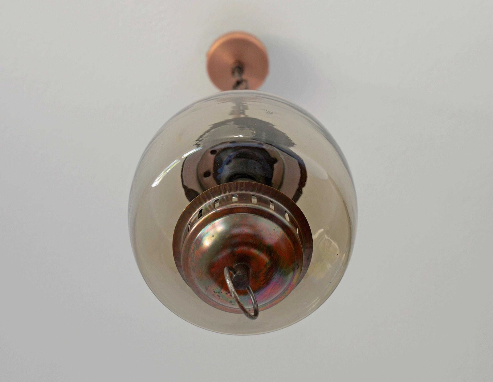 Vintage Copper Pendant Light From 70's / Amber Glass Ceiling Lantern / Mid Century Modern Light Fixture photo Lighting