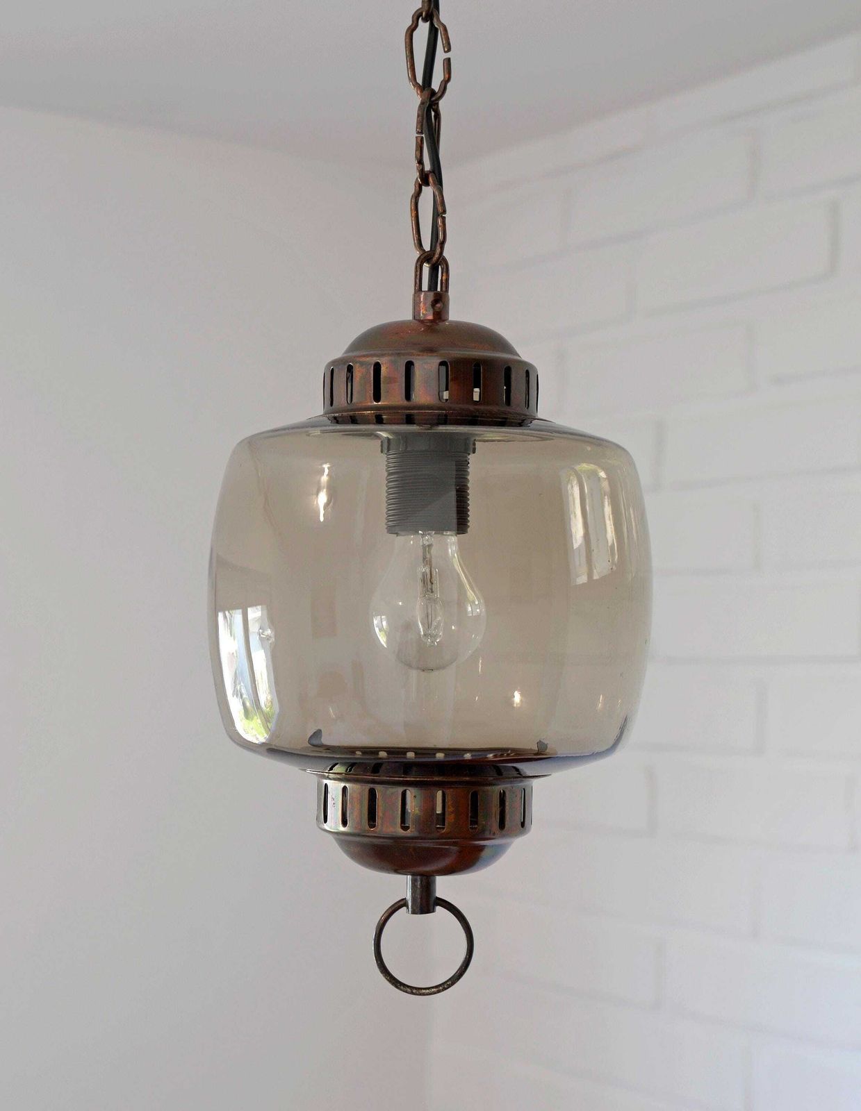 Vintage Copper Pendant Light From 70's / Amber Glass Ceiling Lantern / Mid Century Modern Light Fixture photo 168.0