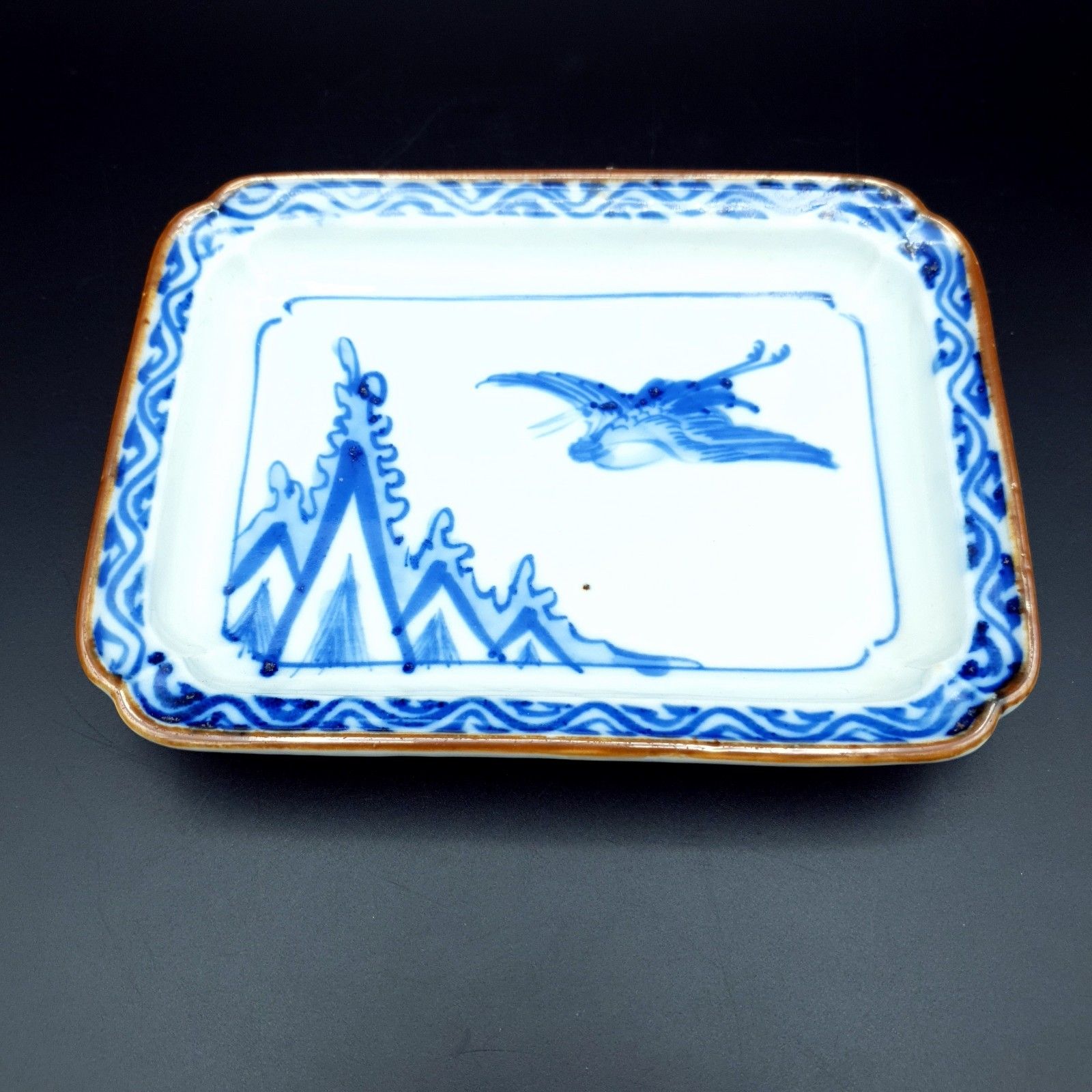 Japanese Shallow Dishes Imari Style Blue & White Handpainted Motif Crane L6.25" photo furniture