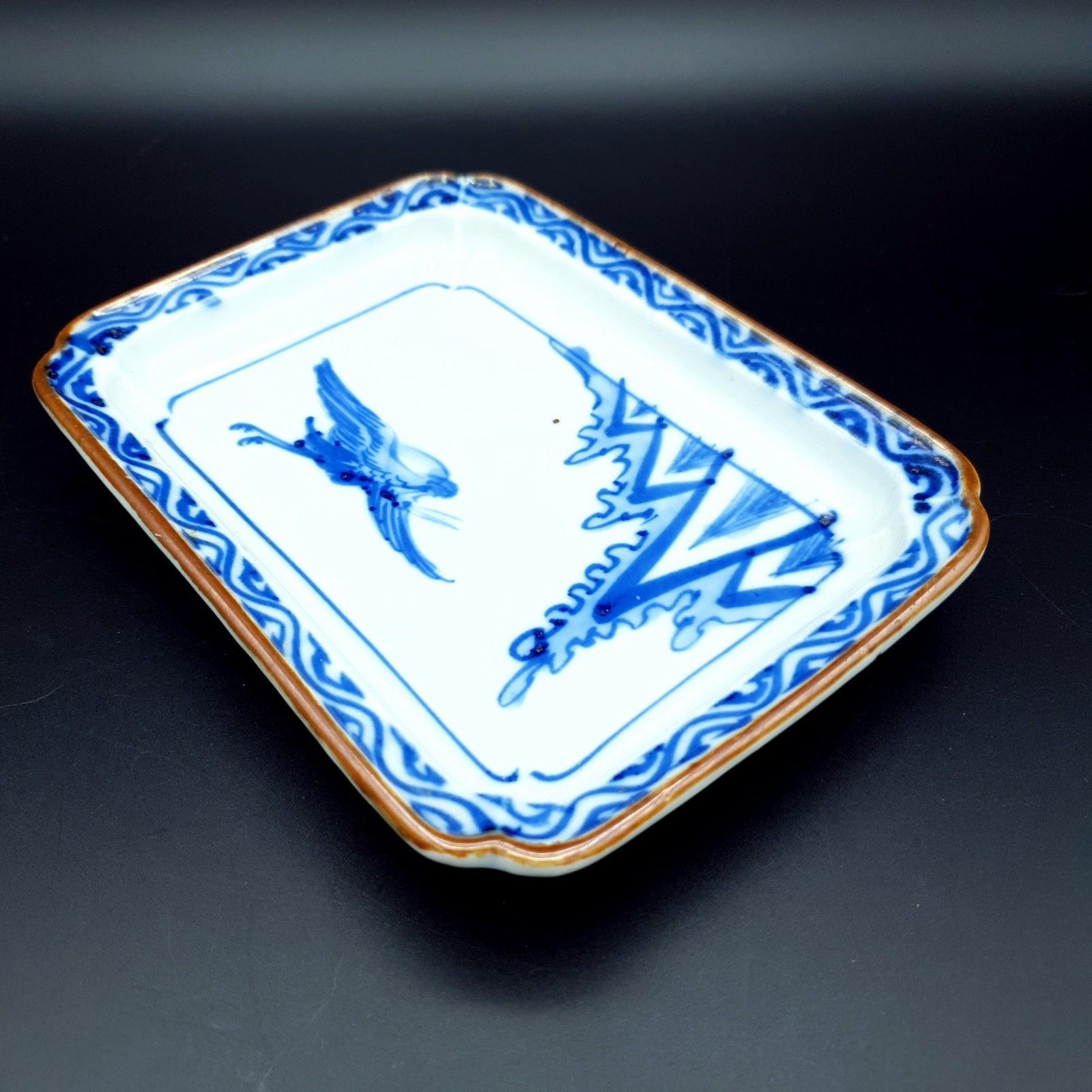 Japanese Shallow Dishes Imari Style Blue & White Handpainted Motif Crane L6.25" photo Home Decor