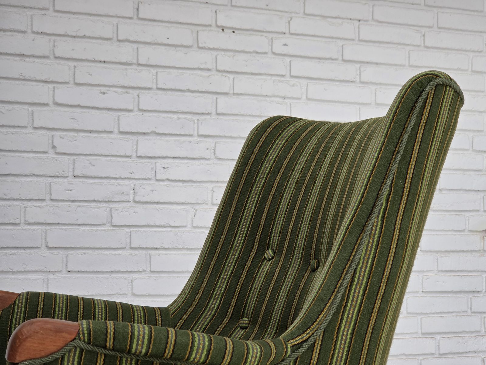 photo buy 1960s, Danish Armchair, Green Furniture Wool, Teak Wood.