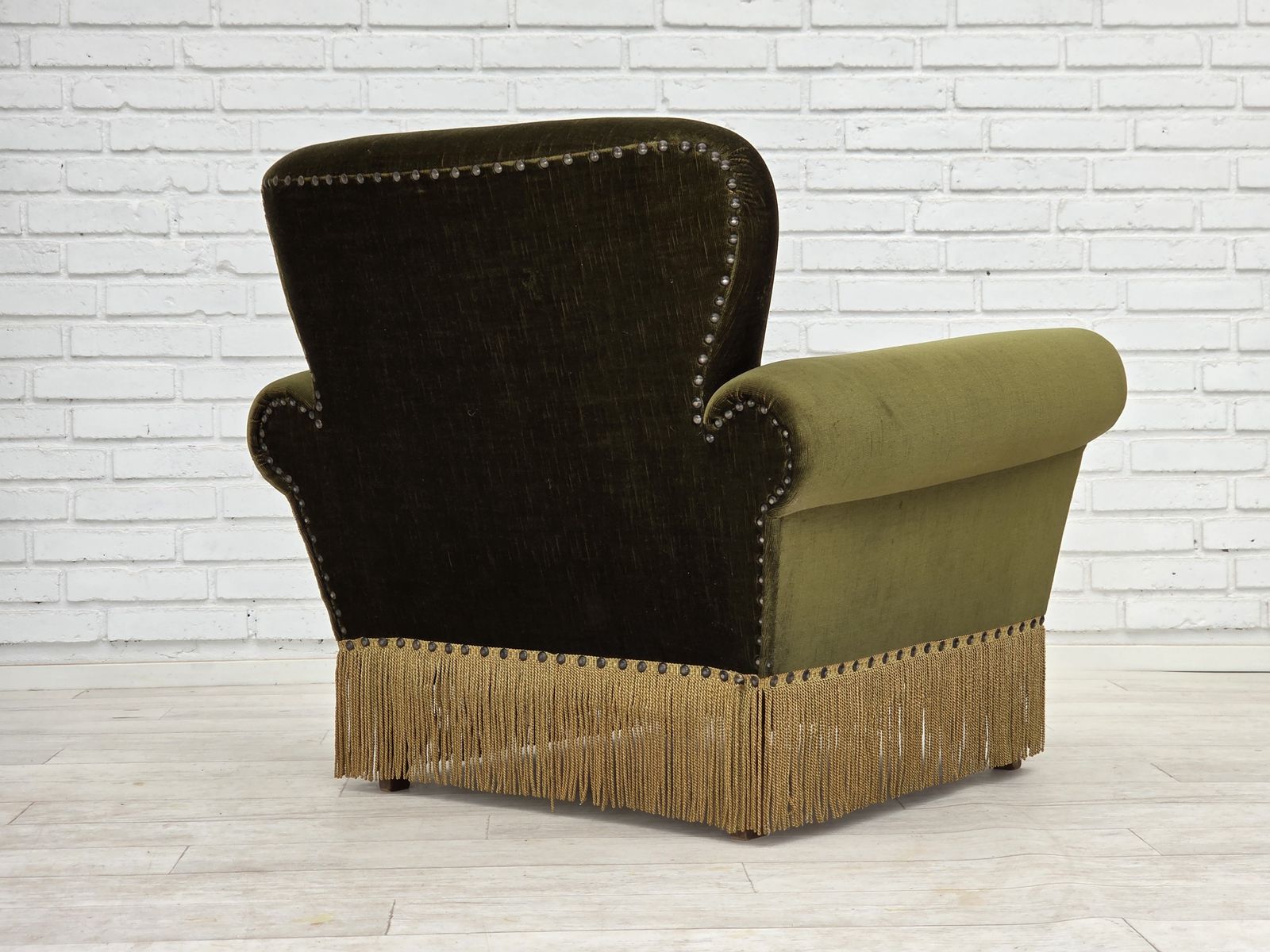 photo vinterior 1970s, Danish Lounge Chair, Low, Furniture Velour, Ash Wood Legs.