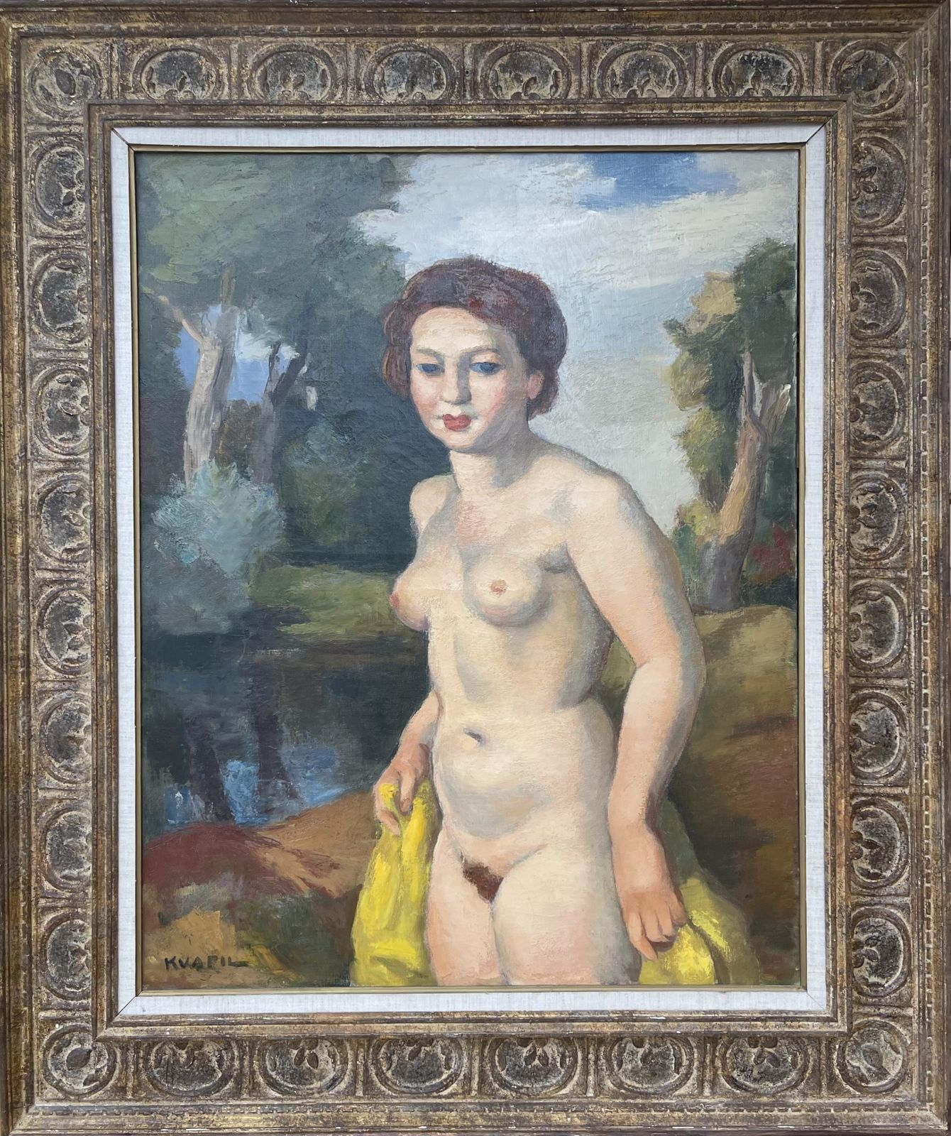 "Nude Woman Holding A Yellow Drape In A Landscape", Charles Kvapil (1884 1957)