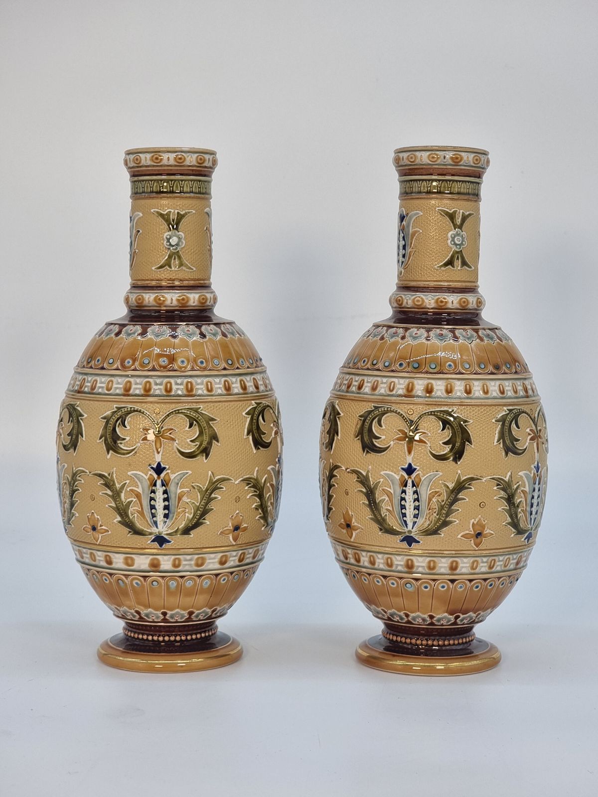 A Pair Of Late 19th Century German Pottery Vases, Made By The Mettlach Factory, Circa 1890 photo for sale