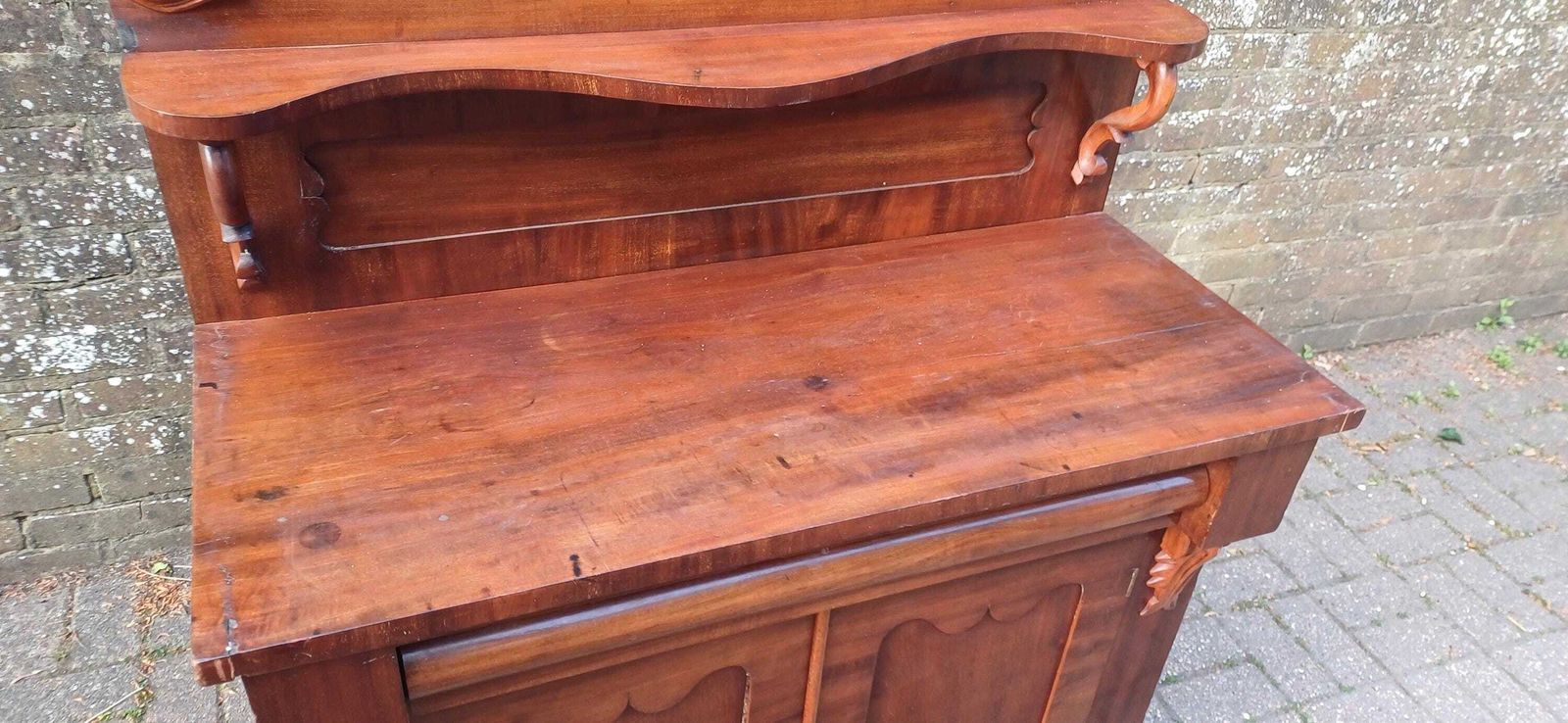 Victorian Rococo Revival Mahogany Chiffoniere 19th Century Antique Sideboard With Carved Pediment & Gothic Panels photo vinterior