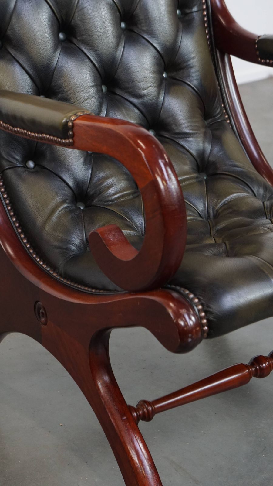 photo for sale Elegant Green Cowhide English Chesterfield Armchair With An Elegant Wood Finish