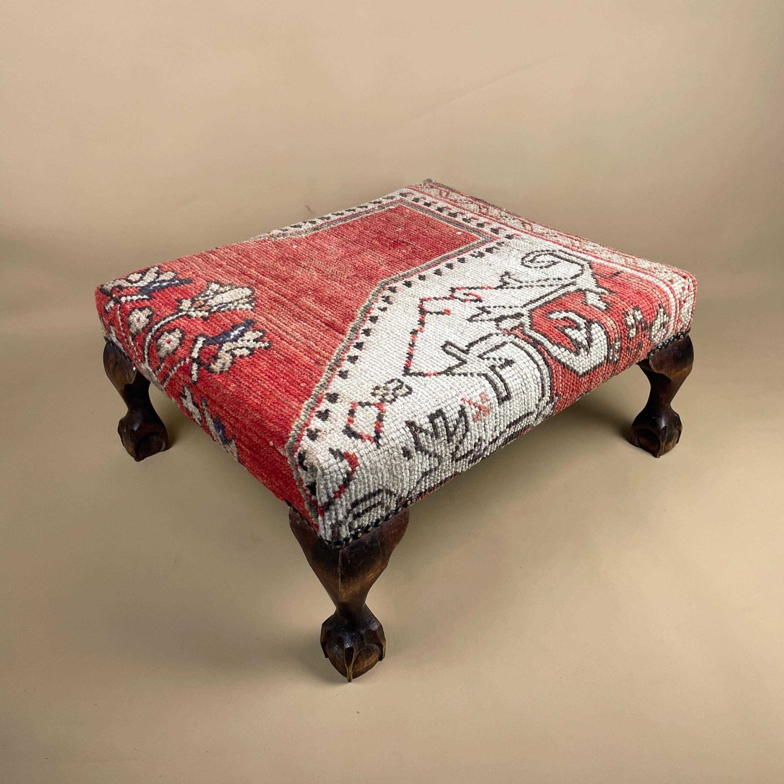 Antique Wooden Stool Upholstered Carpet Kilim Wood Cottage Furniture Rectangle Brown Hallway Farmhouse Seat 22x50x43cm Footstool Bench Red