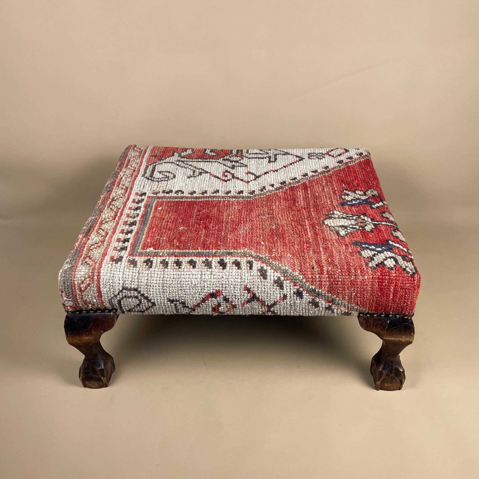 Antique Wooden Stool Upholstered Carpet Kilim Wood Cottage Furniture Rectangle Brown Hallway Farmhouse Seat 22x50x43cm Footstool Bench Red photo for sale