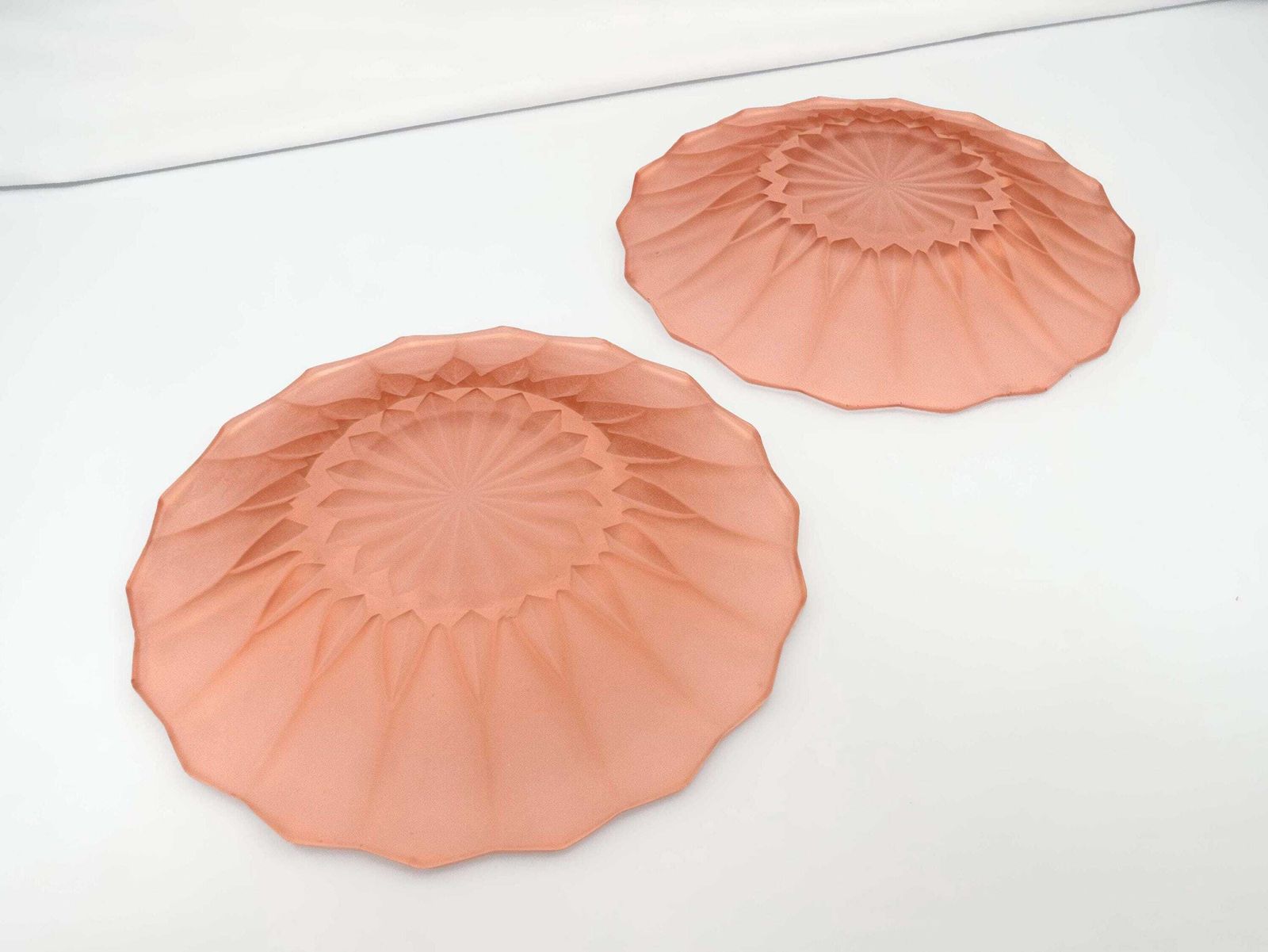 Pink Glass Art Deco Plates Pair Vintage Glassware Kitchenware Tableware 1930s Home Decor photo vintage