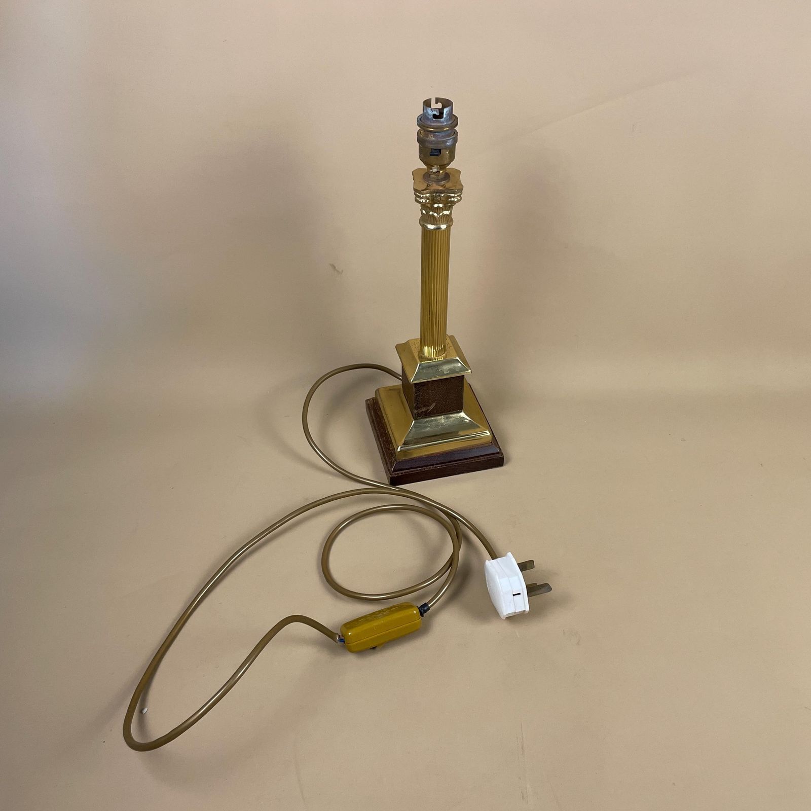 photo for sale Antique Gold Brass Lamp Square Wooden Base Light Bedside Table Vintage Column Ornate Old Medium Pillar Old Metal