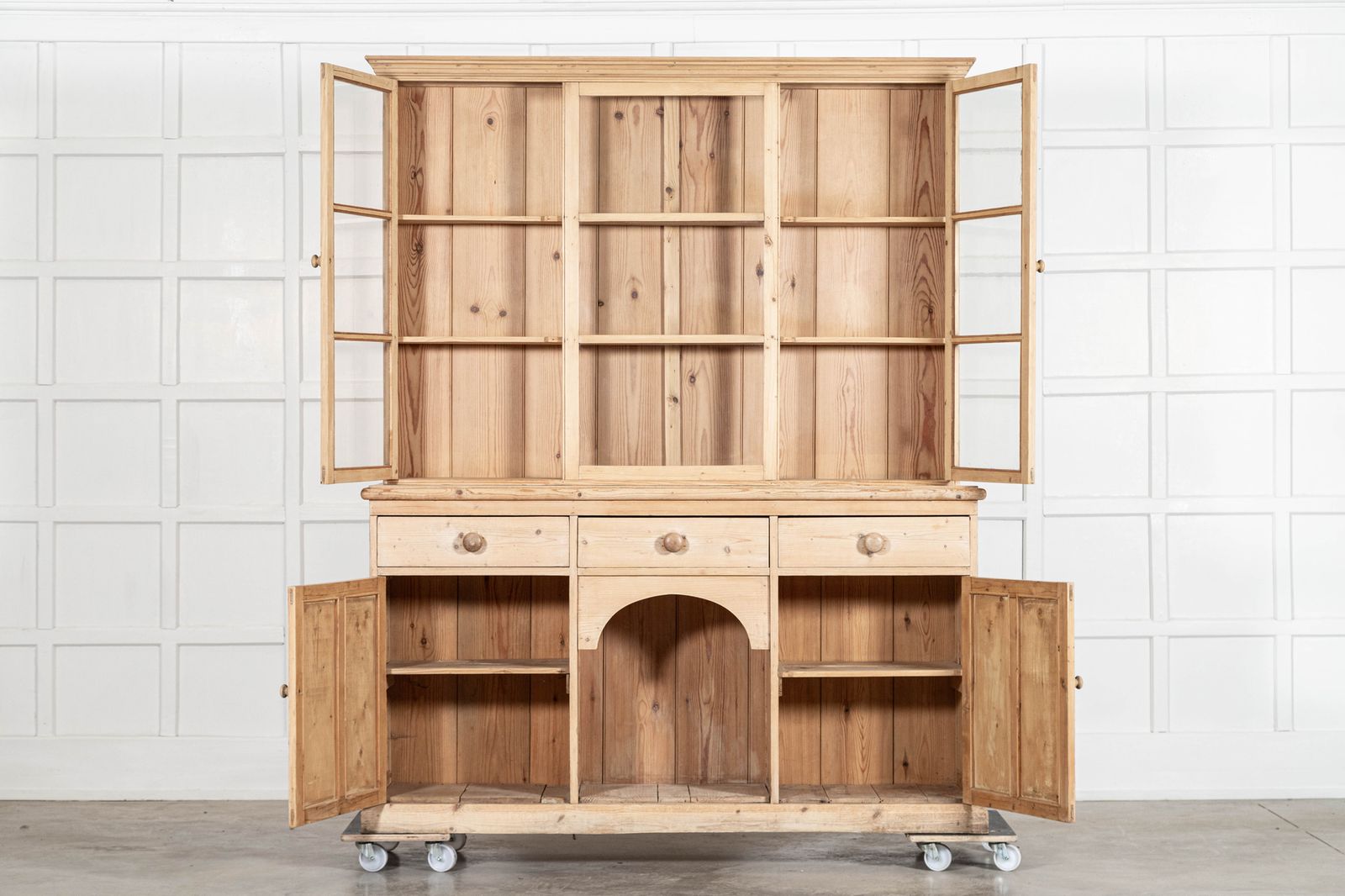 19thc Large English Pine Glazed Panelled Dresser