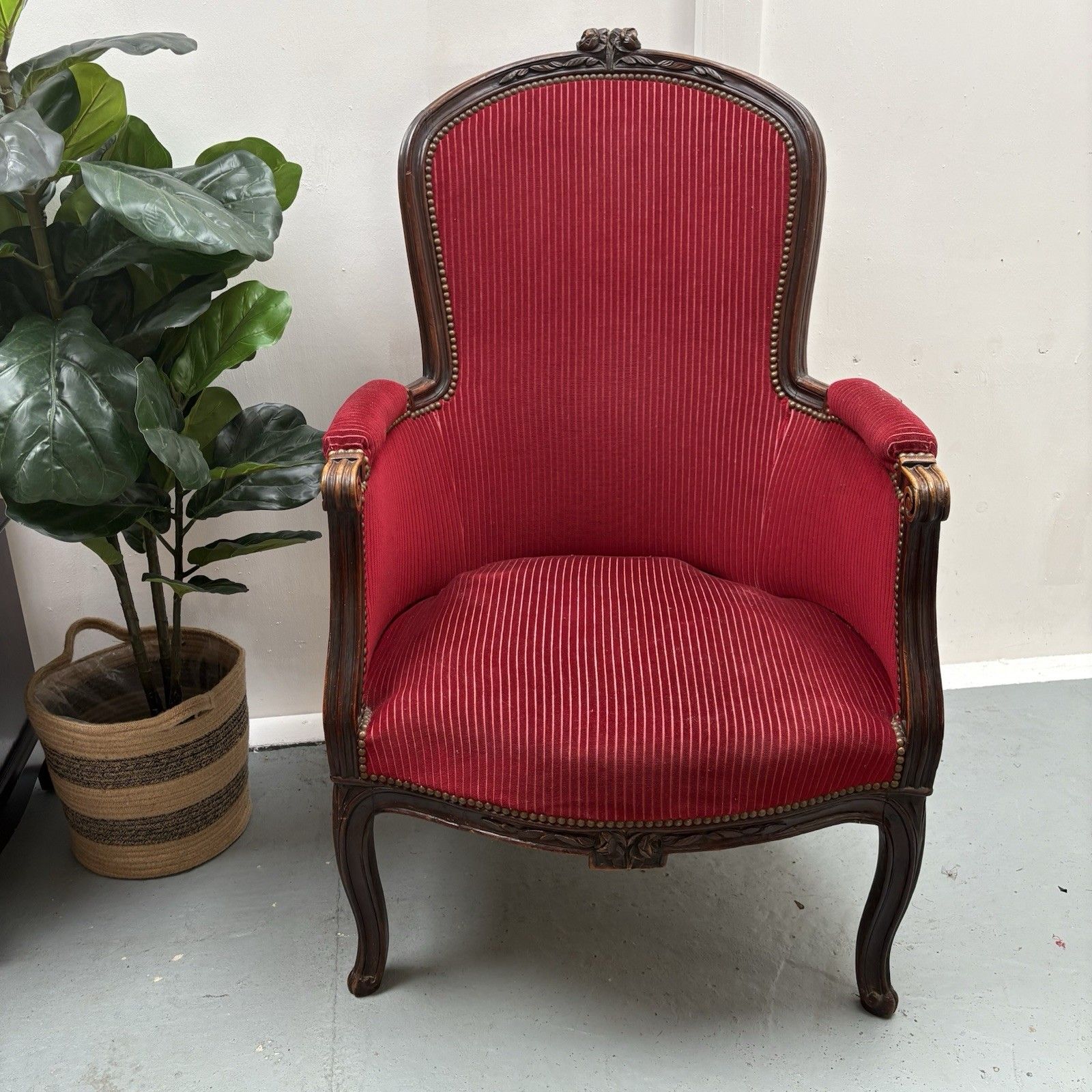 French Mahogany Red Striped Upholstery Boudoir Accent Arm Chair