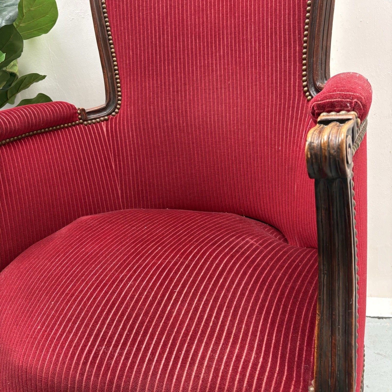 French Mahogany Red Striped Upholstery Boudoir Accent Arm Chair photo buy