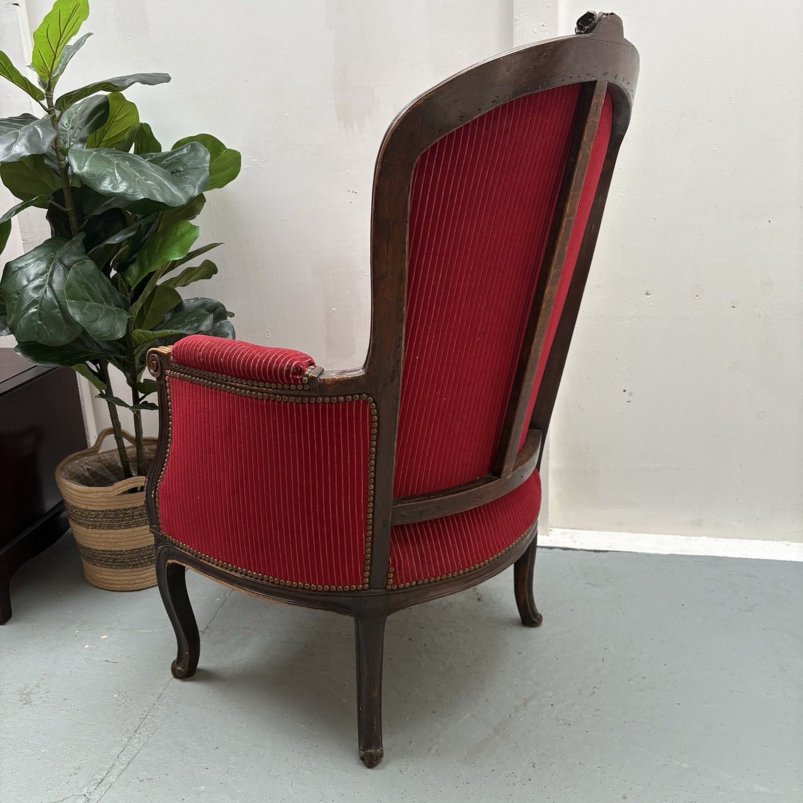 photo buy French Mahogany Red Striped Upholstery Boudoir Accent Arm Chair