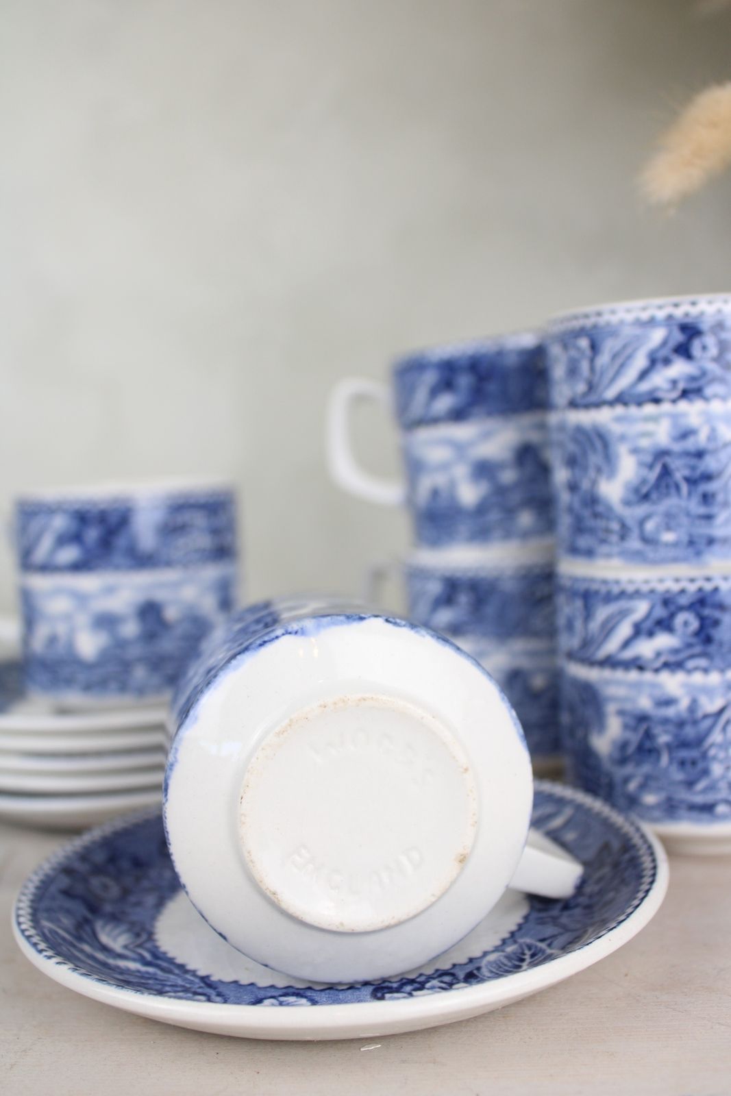 Set Of 6 Burslem Woods & Sons Woodland Blue And White Espresso Cups And Saucers photo Home Decor
