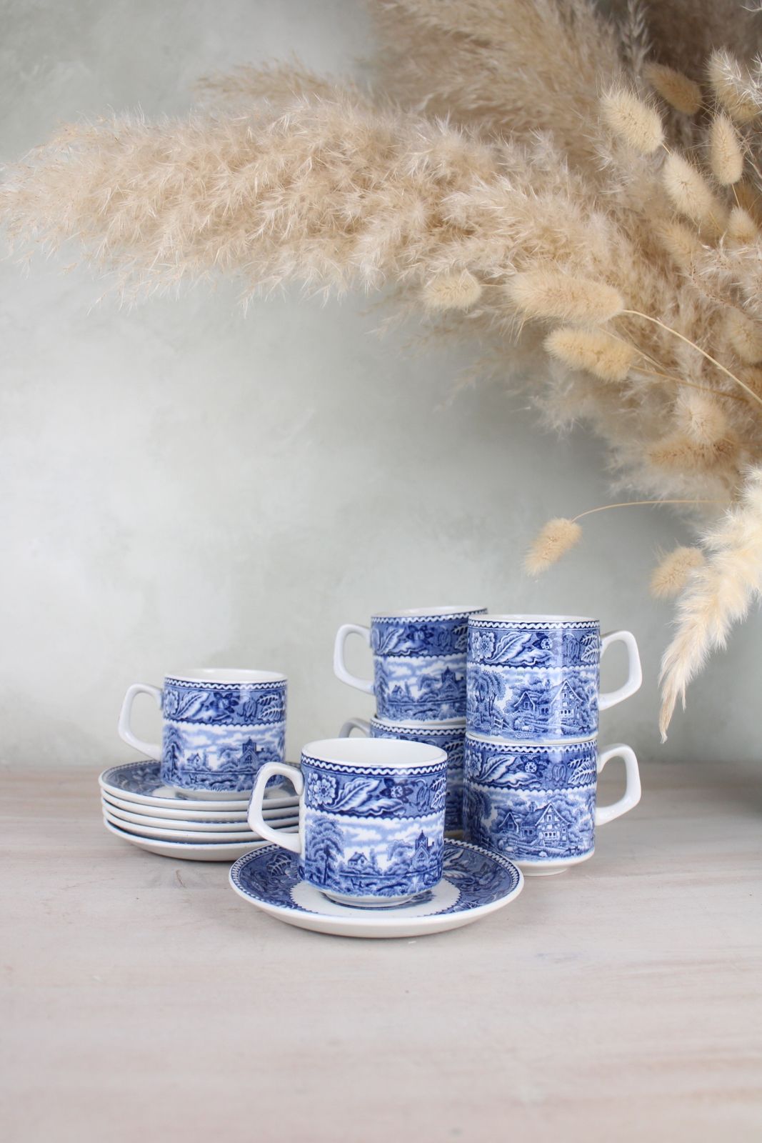 Set Of 6 Burslem Woods & Sons Woodland Blue And White Espresso Cups And Saucers