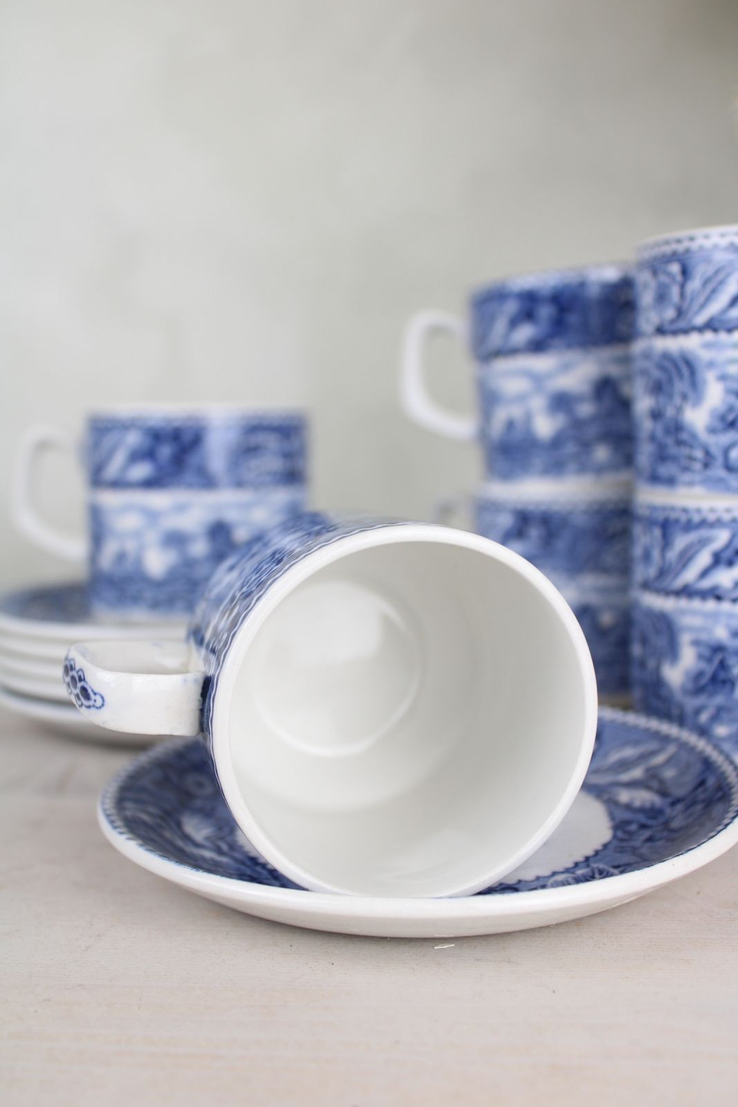 Set Of 6 Burslem Woods & Sons Woodland Blue And White Espresso Cups And Saucers photo vinterior