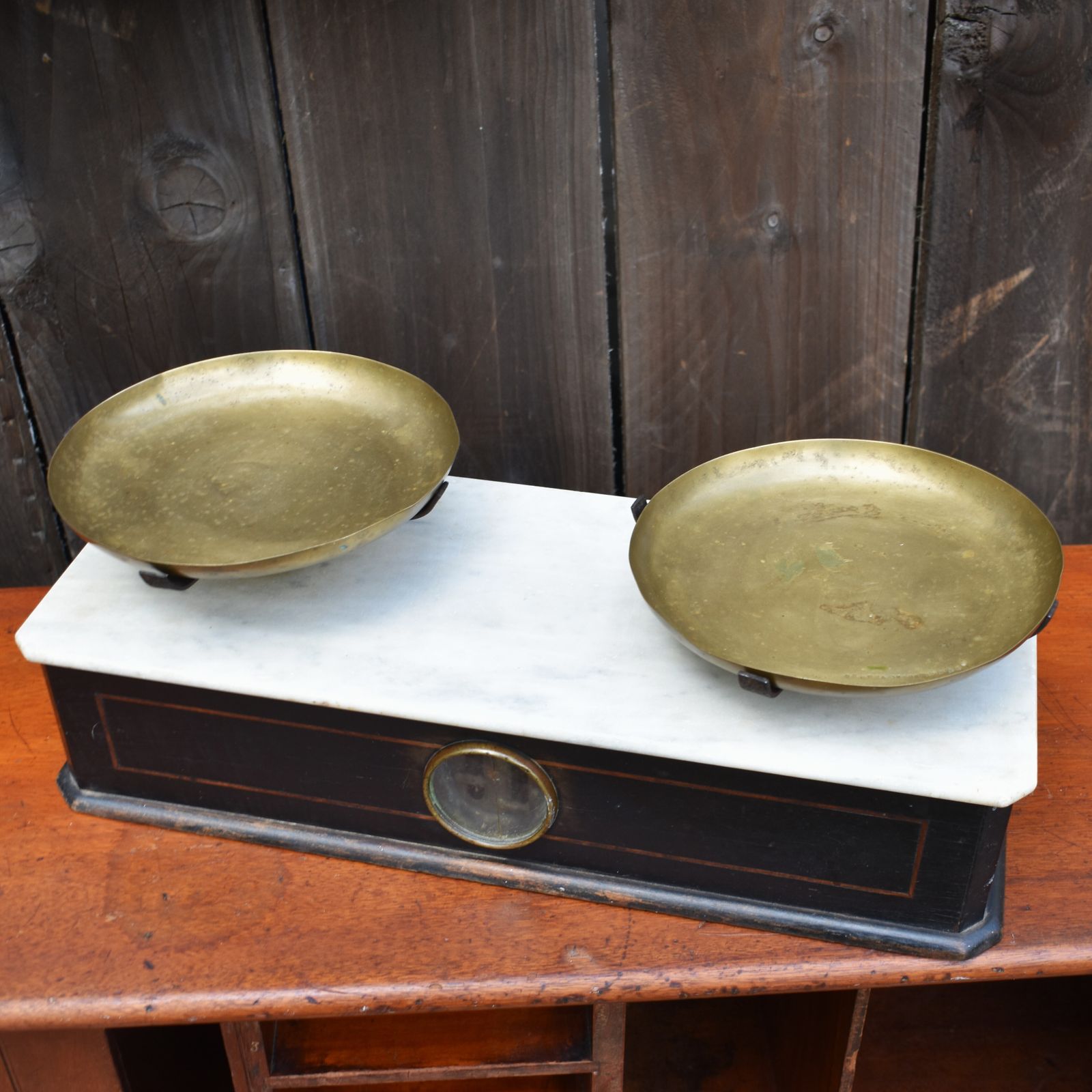 Antique French Marble Topped Brass Ebonised Inlaid Grocery Shop Weighing Scales photo 125.0