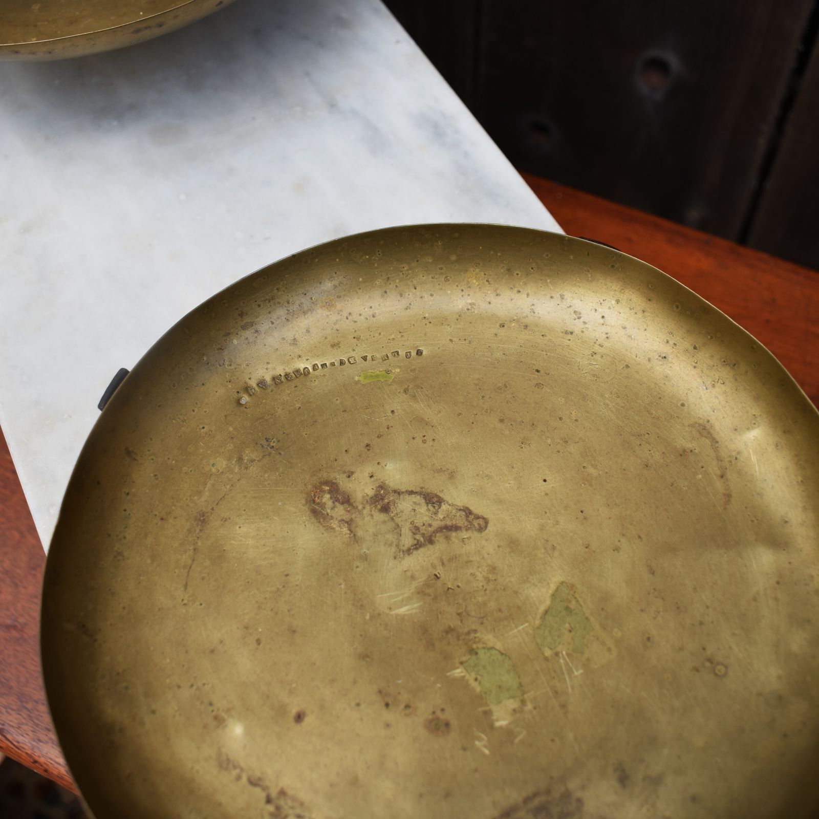 photo for sale Antique French Marble Topped Brass Ebonised Inlaid Grocery Shop Weighing Scales
