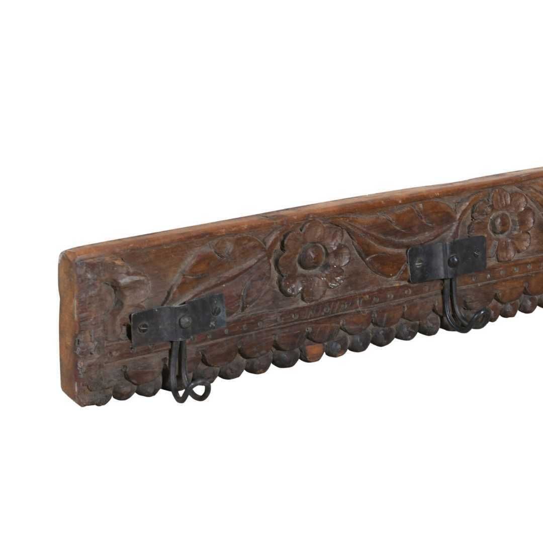 Antique Chestnut Brown Teak & Black Iron Coat Hook Panel, Vintage Indian Carved Wall Rack, 120cm photo for sale