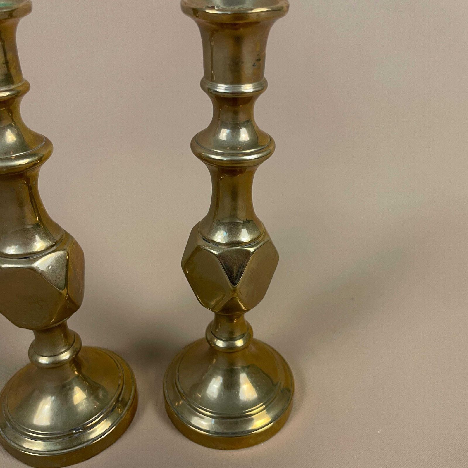 Antique Matching Pair Of Gold Brass Metal Candlestick Candle Stick Vintage Taper Dinner Candlesticks Column Round Base Small photo vinterior