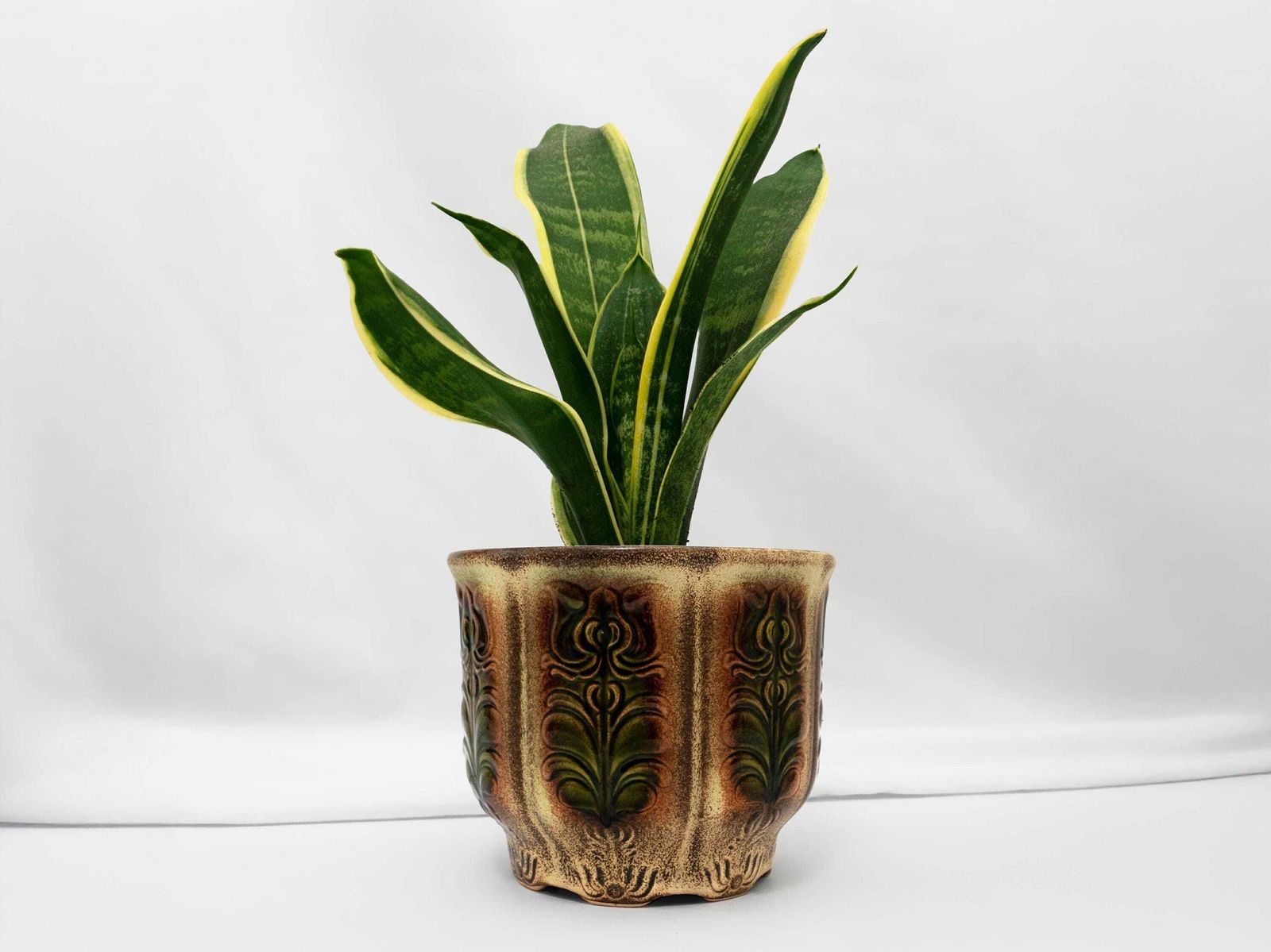 West German Ceramic Plant Pot Planter Beige Brown Green Design Vintage Studio Pottery 1970s Mid Century Home Decor