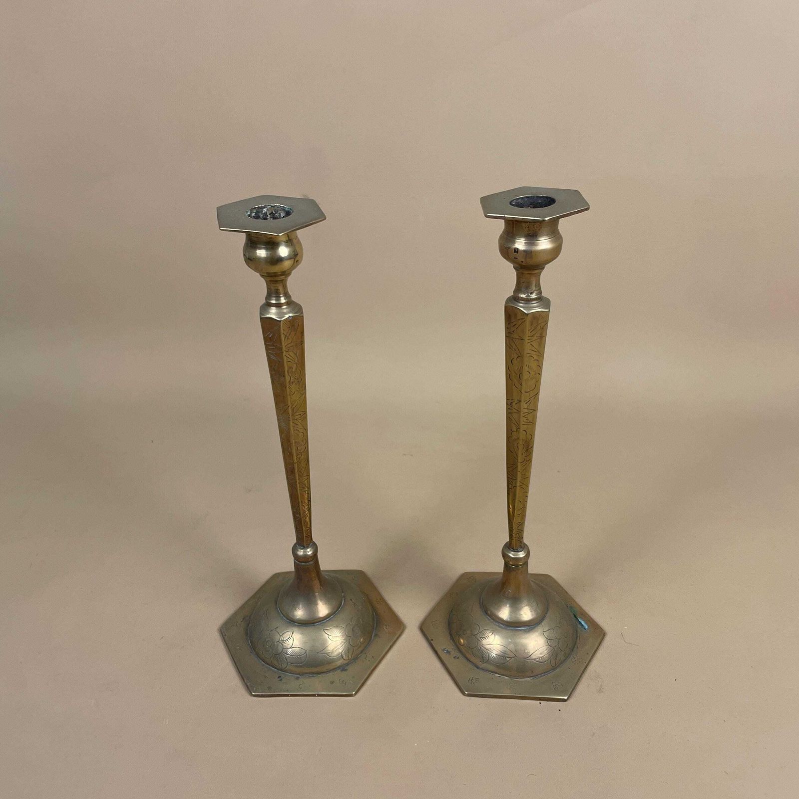 Antique Indian Matching Pair Of Gold Brass Metal Candlestick Candle Stick Vintage Hexagon Taper Dinner Candlesticks Column Pillar Engraved