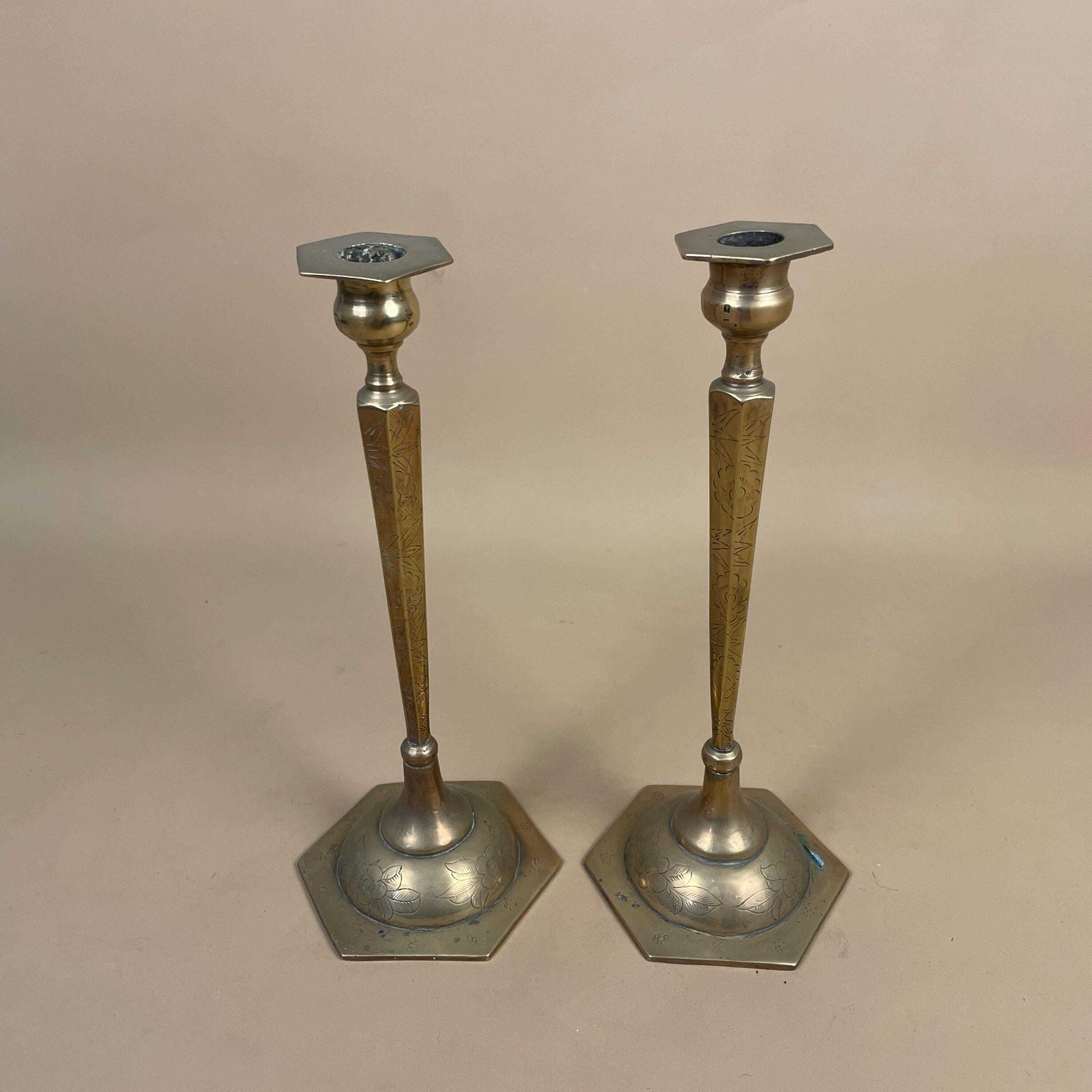 Antique Indian Matching Pair Of Gold Brass Metal Candlestick Candle Stick Vintage Hexagon Taper Dinner Candlesticks Column Pillar Engraved photo furniture
