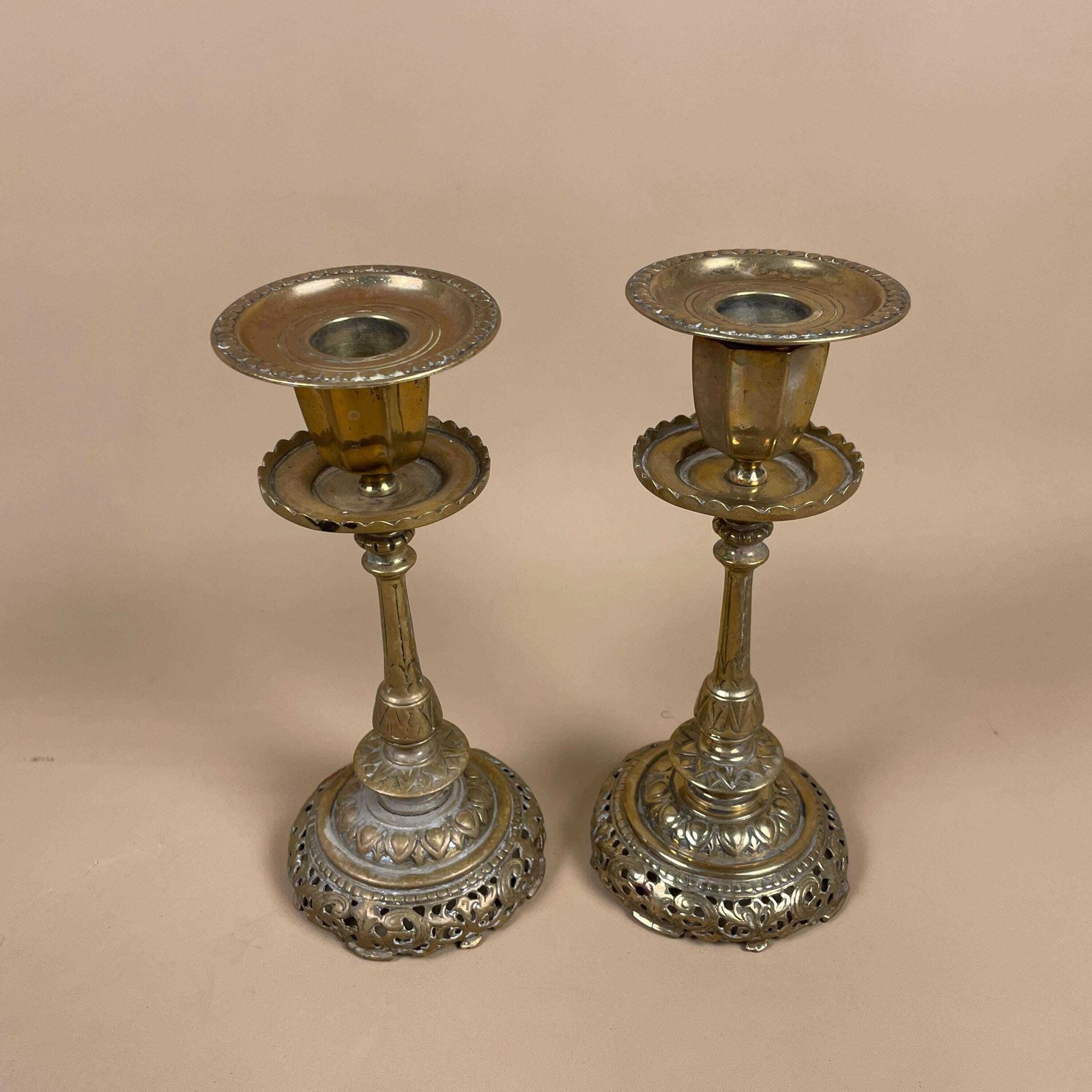 Antique Matching Pair Of Gold Brass Metal Candlestick Candle Stick Vintage Taper Dinner Candlesticks Column Pillar Round Base Indian India photo for sale
