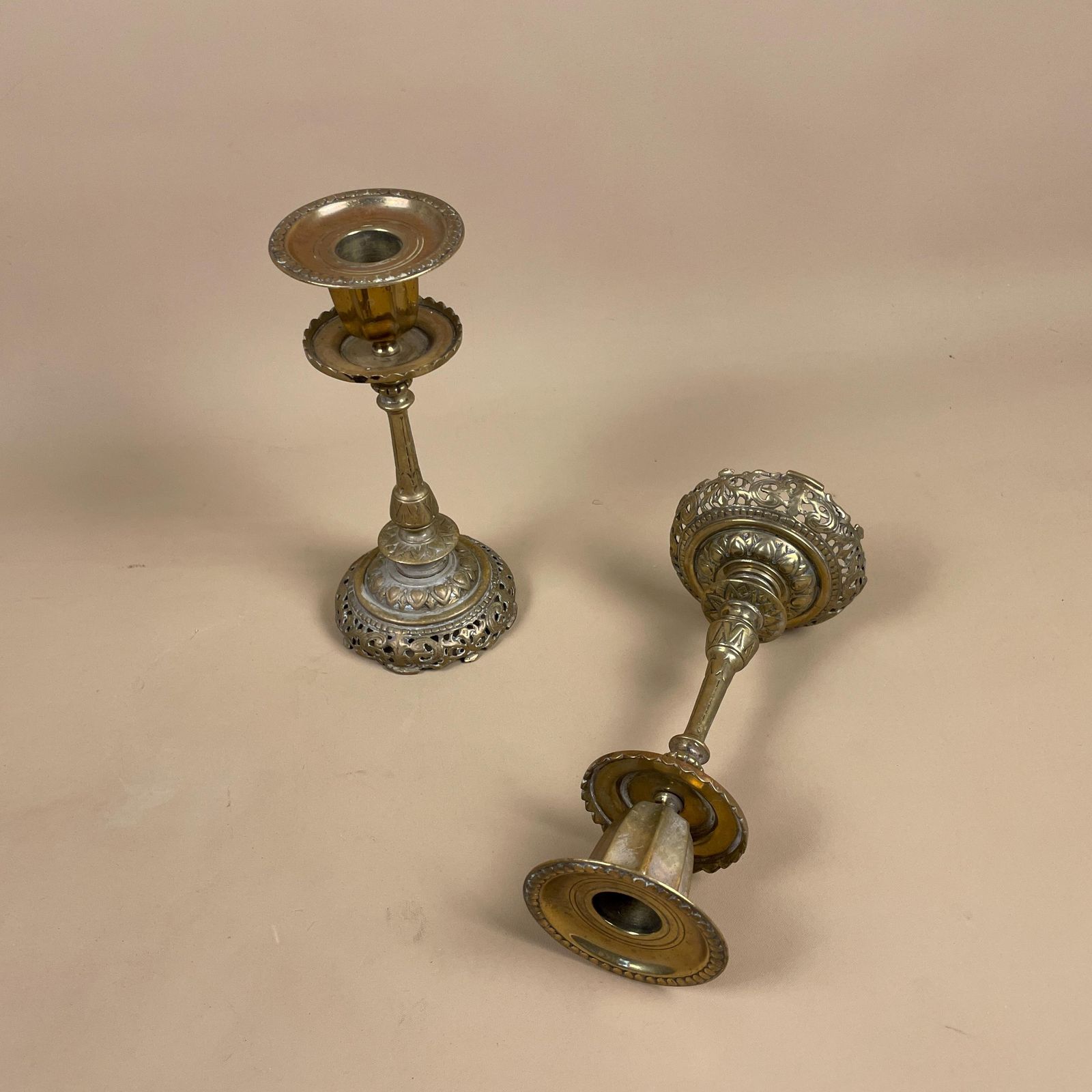 Antique Matching Pair Of Gold Brass Metal Candlestick Candle Stick Vintage Taper Dinner Candlesticks Column Pillar Round Base Indian India photo Home Decor