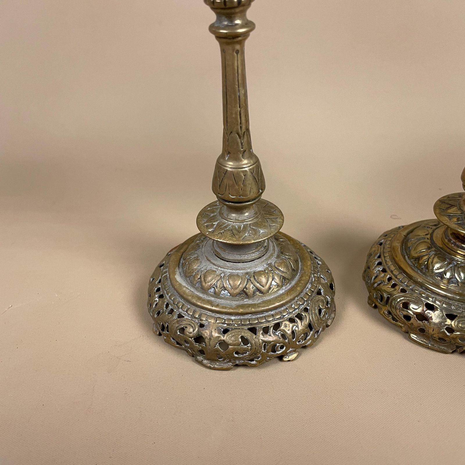 Antique Matching Pair Of Gold Brass Metal Candlestick Candle Stick Vintage Taper Dinner Candlesticks Column Pillar Round Base Indian India photo buy
