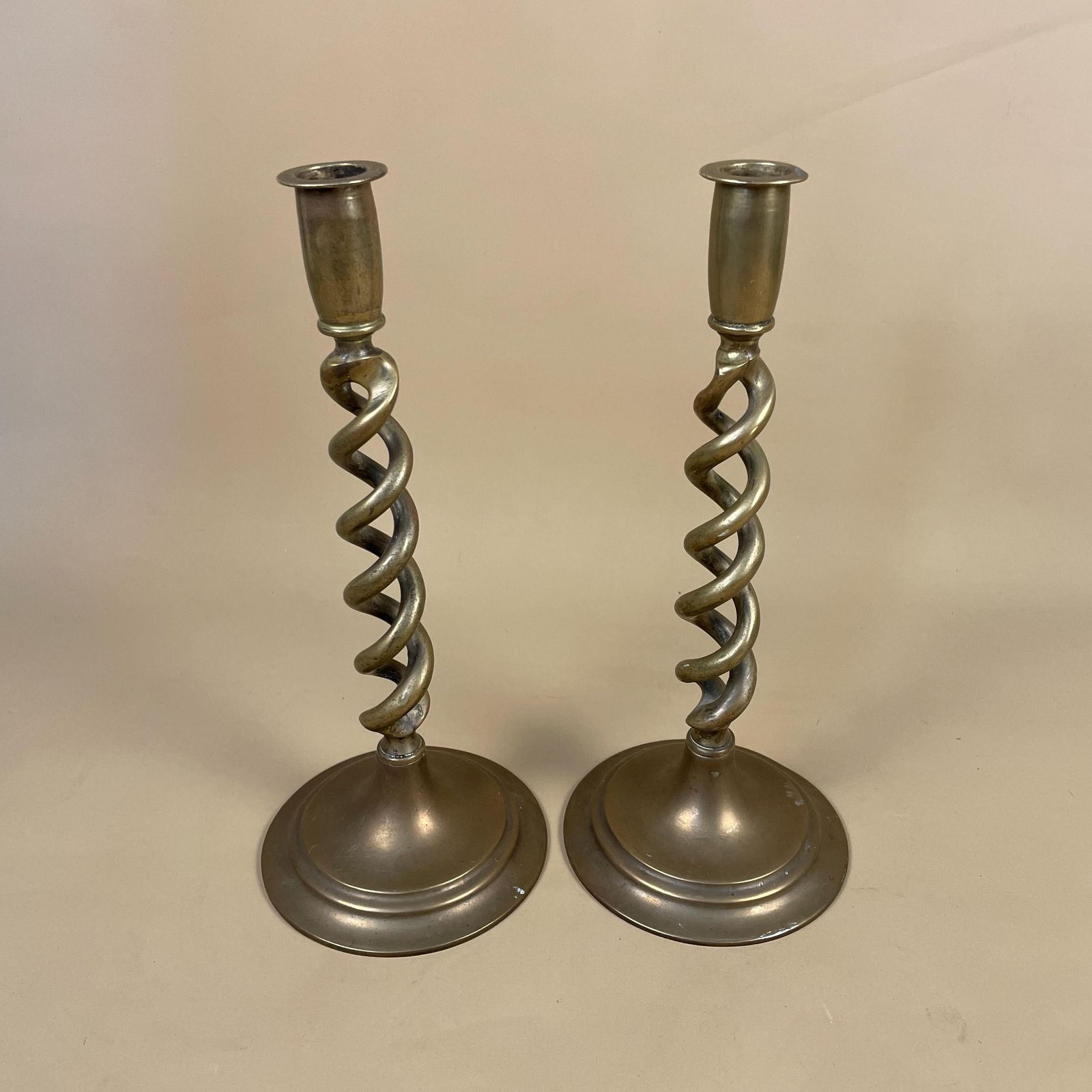 Antique Matching Pair Of Gold Brass Metal Candlestick Candle Stick Vintage Column Taper Dinner Candlesticks Twisted Twist Round Base photo for sale